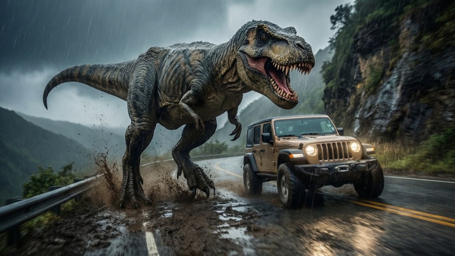 The unforgettable T-Rex chase scene from Jurassic Park in 4K detail.
