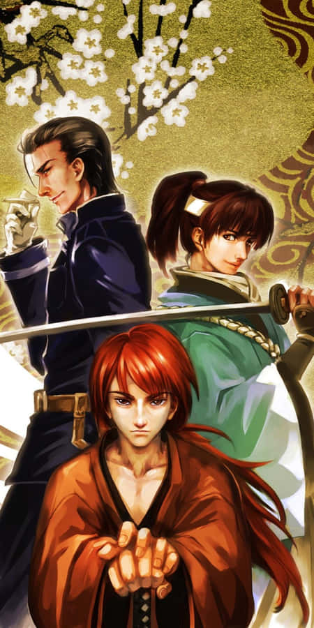 Personaggi di Rurouni Kenshin con sfondo di fiori di ciliegio