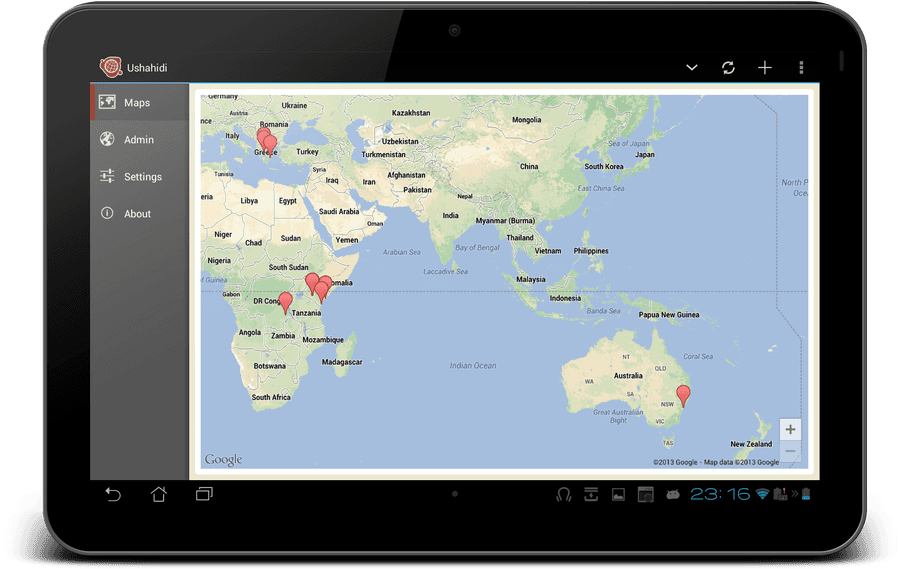 Tablet Map Application Interface PNG — A tablet screen displays a Google Maps interface with red pins marking locations in Africa Asia and Australia.