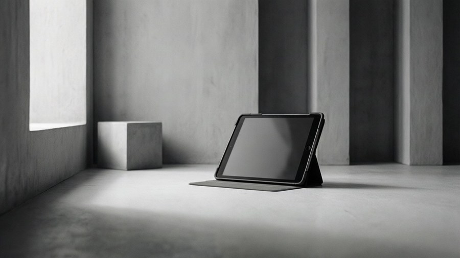 Sebuah tablet di ruangan minimalis monokrom.