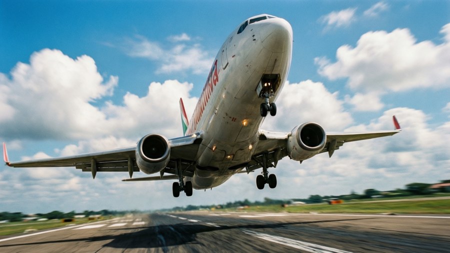 Dynamic takeoff of Caribbean Airlines plane, motion blur and low angle.