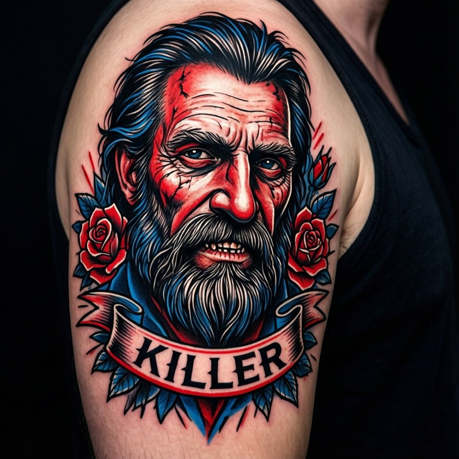 Traditional American tattoo style portrait of Killer Kowalski on a bicep