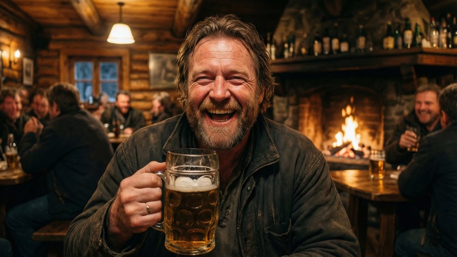 Karlach che ride in una taverna, atmosfera allegra e amichevole