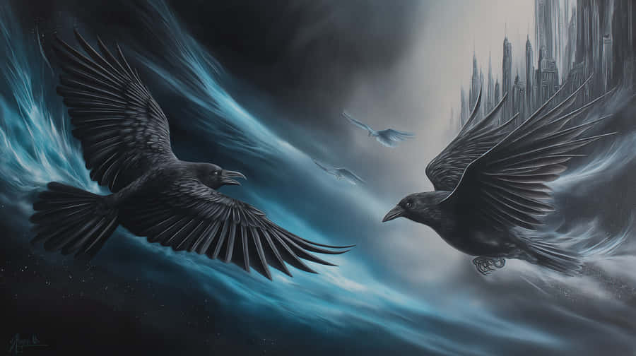 crows,birds,flying,dynamic,sky,abstract,cityscape,fantasy,wildlife,nature,mystery,freedom,motion,urban,dreamlike
