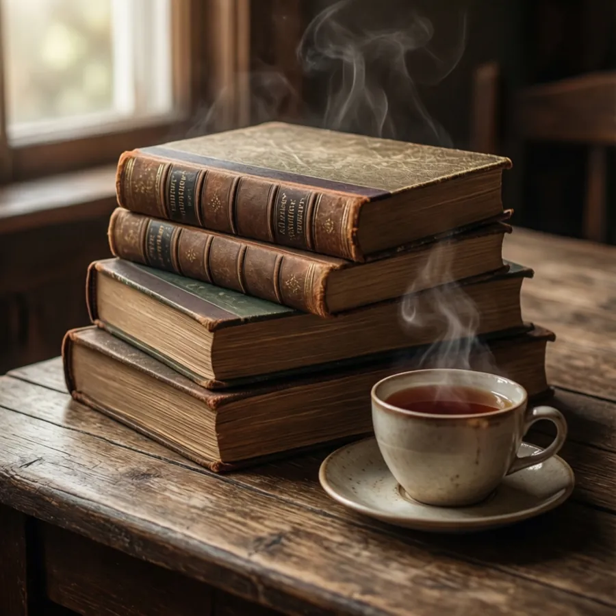 A peaceful stack of books with a cup of tea in morning light.