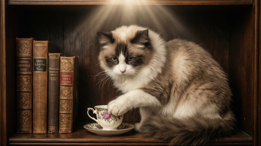 A Ragdoll cat sitting on a bookshelf, paw touching a teacup under warm spotlight.