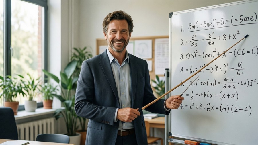 Modern classroom with teacher and whiteboard, for professional educational backgrounds.