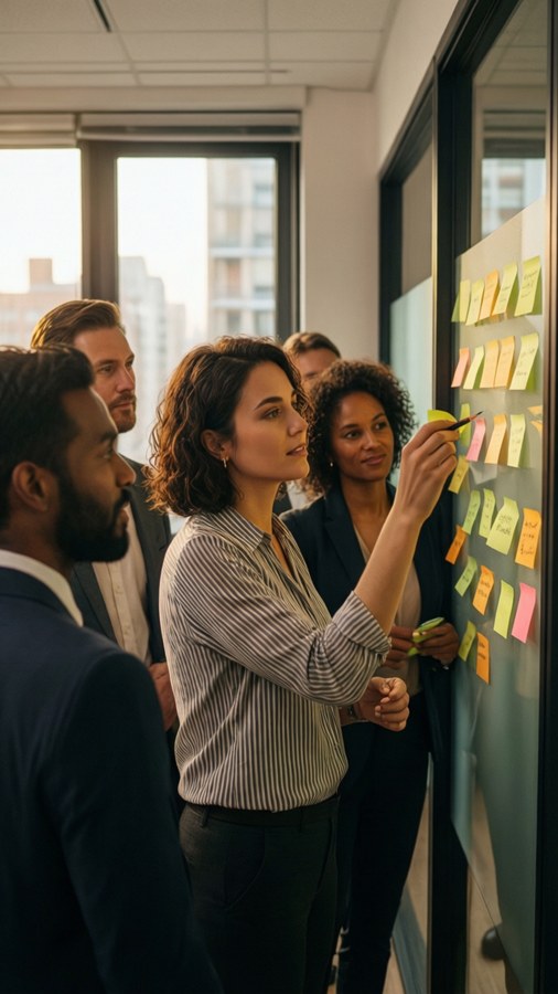 A dynamic team meeting with sticky notes for effective management and teamwork.