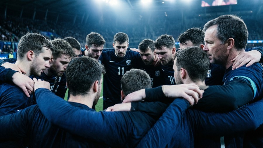Spelare samlade i en huddle inför en VM-match.