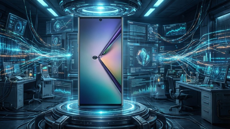 Note 10 in a futuristic lab with holographic interfaces and digital data.