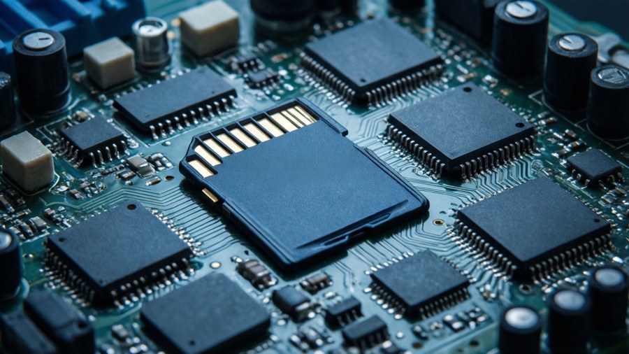 SD card amidst electronic components on a circuit board.