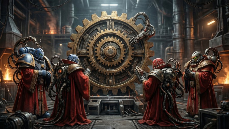 Warhammer 40K Adeptus Mechanicus tech-priests in a forge world.