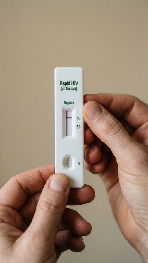 Person holding an HIV test kit with a negative result, promoting testing.