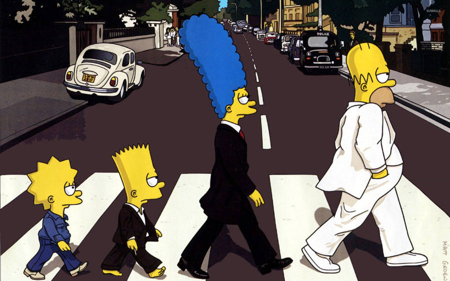 Simpsons family replicating the Beatles in Abbey Road wallpaper.