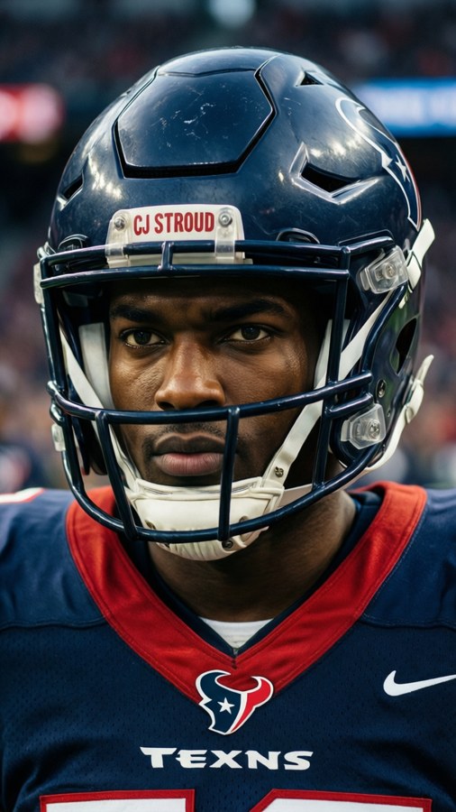 CJ Stroud's intense portrait in helmet, game day atmosphere