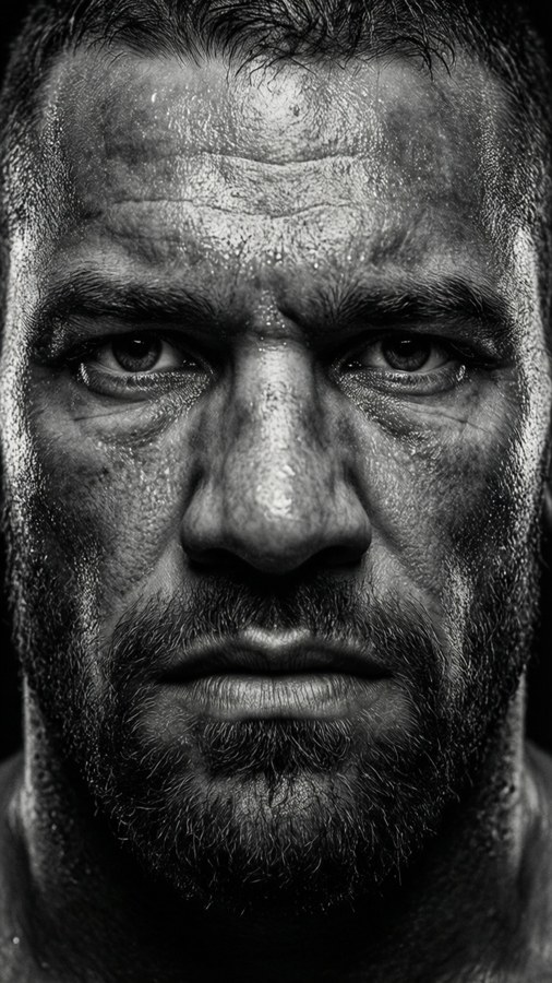 Striking black and white portrait capturing BJ Penn's intensity.