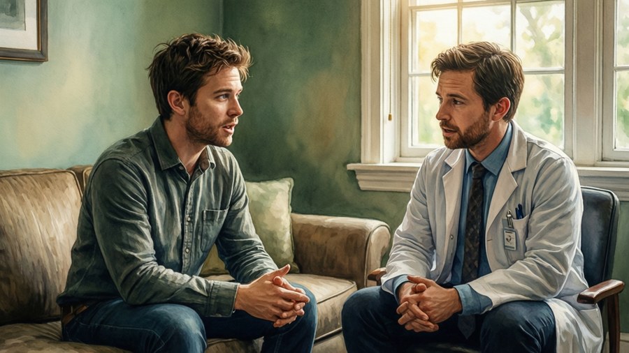 Cat air lembut Evan Hansen dalam terapi, dengan cahaya hangat dan suasana introspektif.