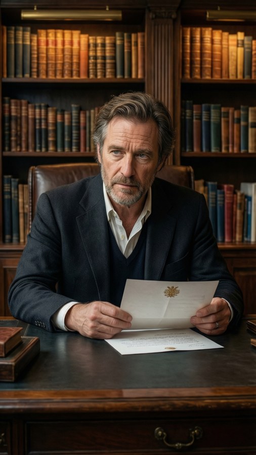 Joe in a London apartment, reading a letter at a desk, warm light, bookshelves, thoughtful mood