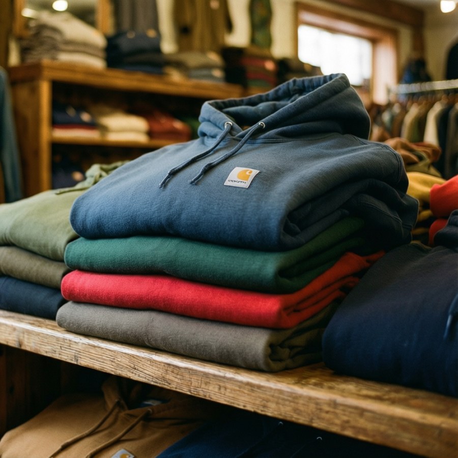 Carhartt hoodies stacked on shelf in vintage thrift store.