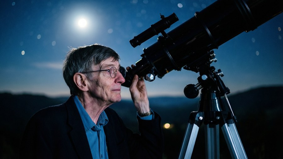 Stephen Hawking looking through telescope at night