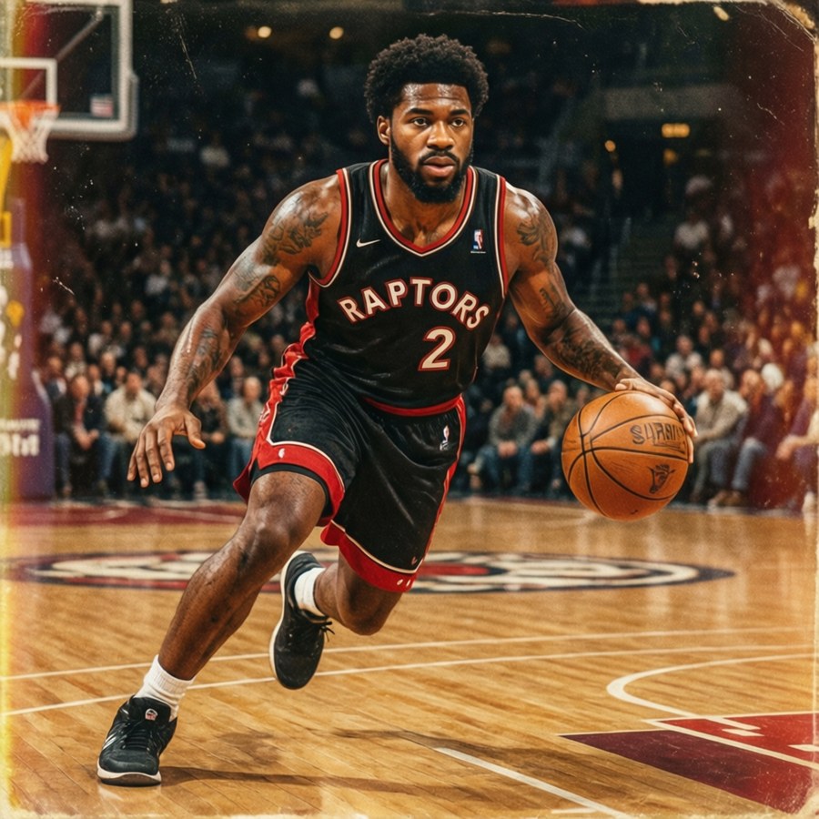 Scottie Barnes in a vintage-style throwback Raptors jersey with retro filter.