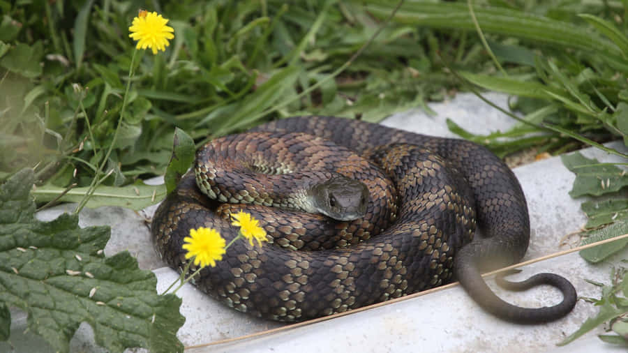 Tigerpython eingerollt im Grünen
