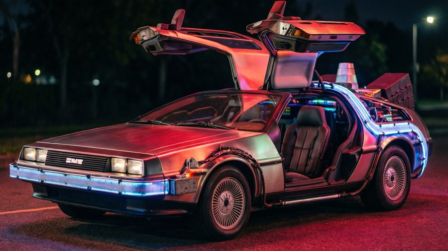 Red DeLorean with open doors, neon reflections at night