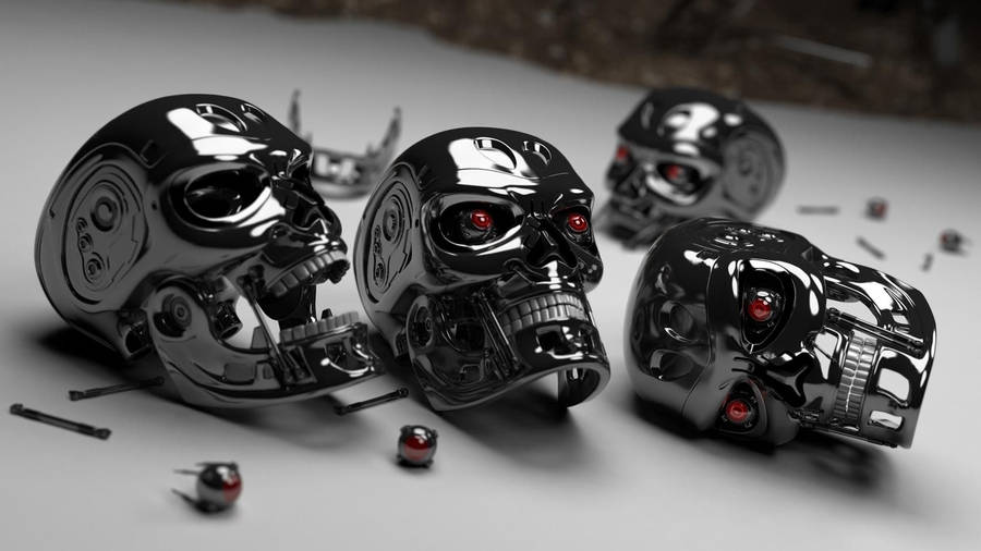 Tiny metal skulls with red eyes, shiny surface made of plastic.