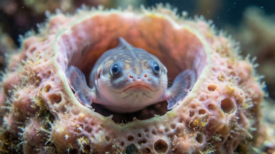 A cute macro shot of a juvenile wobbegong hiding in a colorful sea sponge.