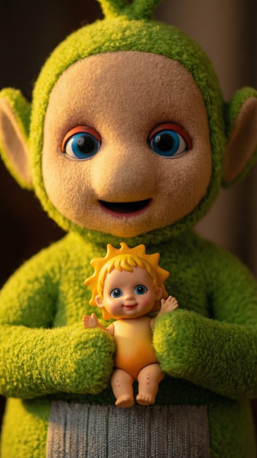 Tinky Winky cradles a miniature Sun Baby, glowing warmly.