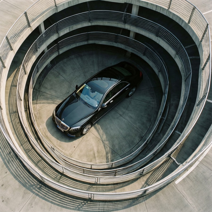 Aerial view of Maybach 62s in parking garage