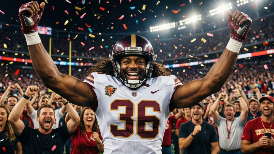 Jalin Hyatt celebrating a touchdown with arms raised as confetti falls
