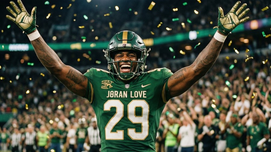 Energetic celebration shot of Jordan Love with arms raised after a touchdown.