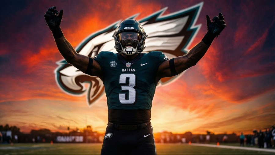 A silhouette of Goedert celebrating a touchdown at sunset.