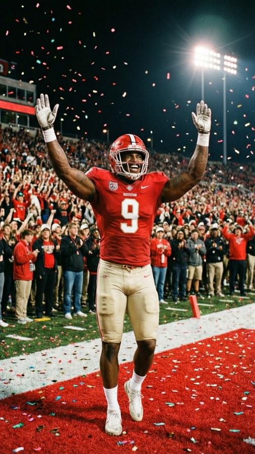 Devin Singletary celebrating a touchdown with arms raised, confetti and crowd.