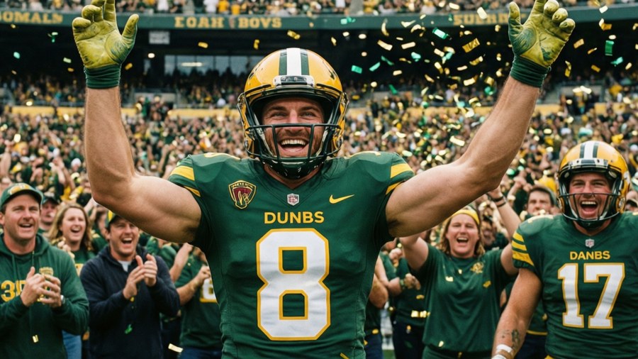Romeo Doubs celebrating a touchdown with raised arms in front of a cheering crowd.