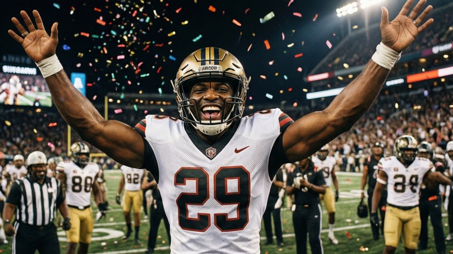 Jalen Milroe celebrating a touchdown with arms raised under stadium lights.