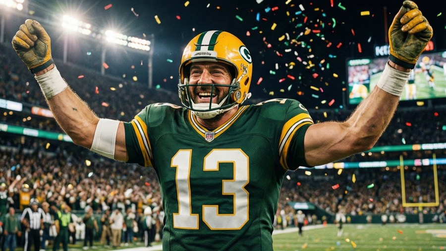 Aaron Rodgers celebrating a touchdown with confetti and bright lights.