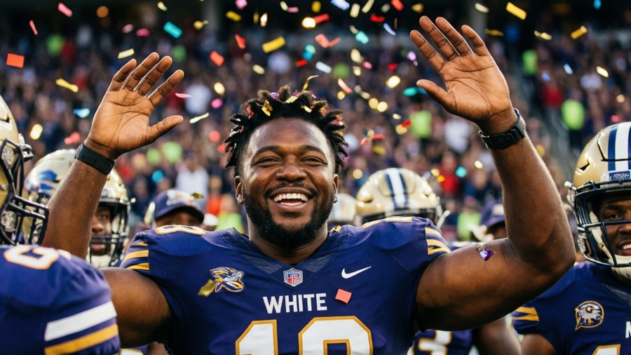 Rachaad White celebrating a touchdown with confetti and teammates.