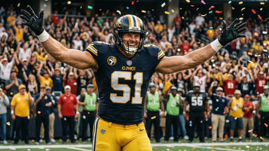 Mike Gesicki celebrates a touchdown with arms raised as confetti falls and crowd cheers.