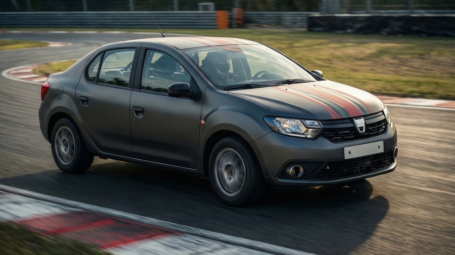 A matte grey Dacia Logan racing on a track.