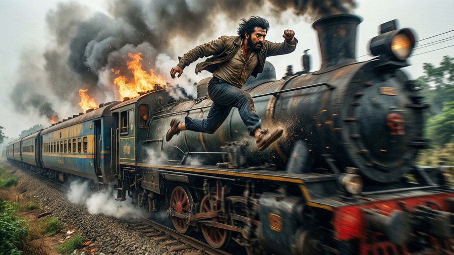 High-octane train scene from RRR with Bheem jumping