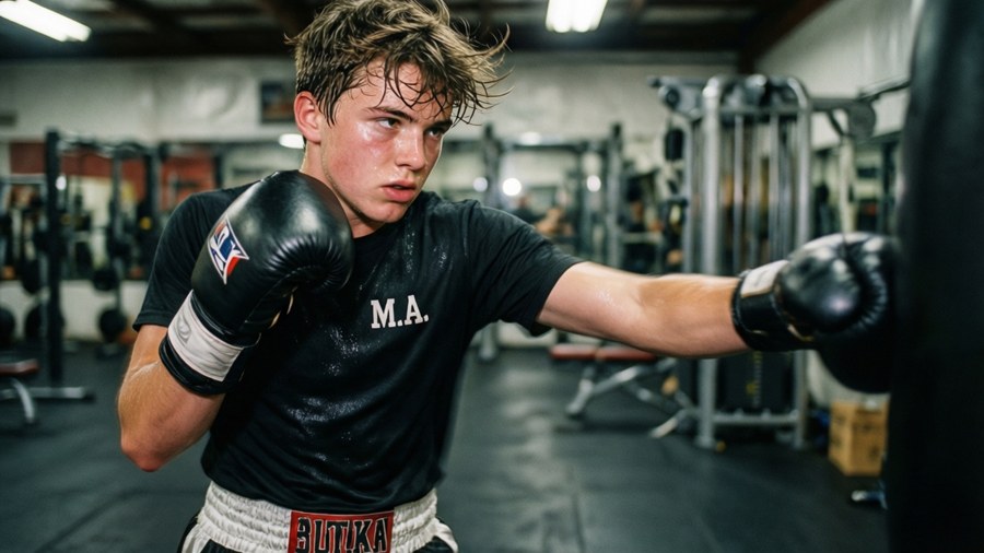 Young M.A. boxing in gym, action shot, training intensity