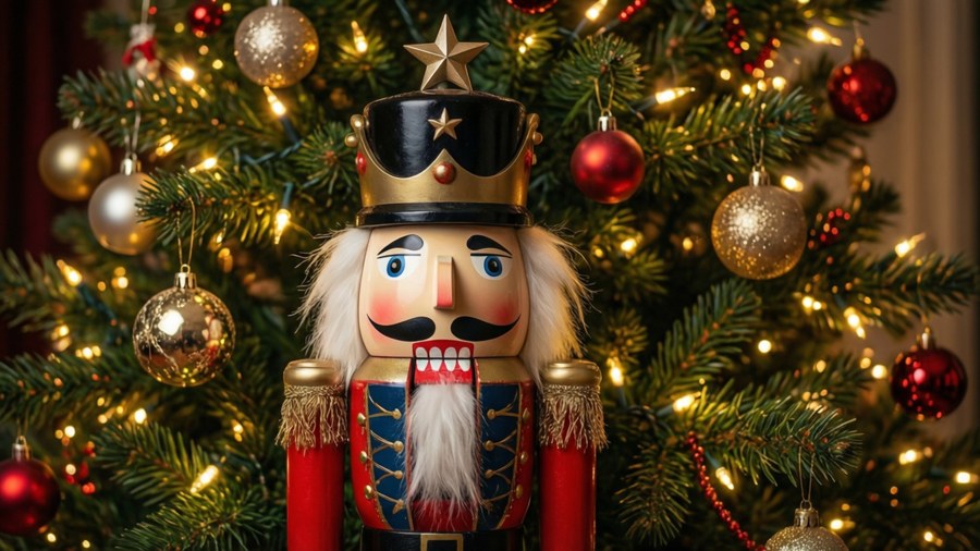 En festlig nøtteknekker-soldat står foran et pyntet juletre med glødende lys og ornamenter.