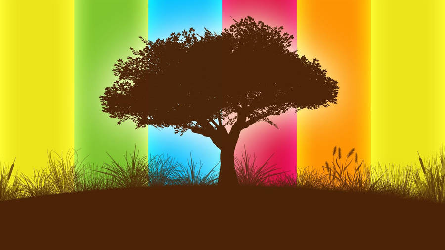 Abstract art wallpaper of tree silhouette on colorful stripes 