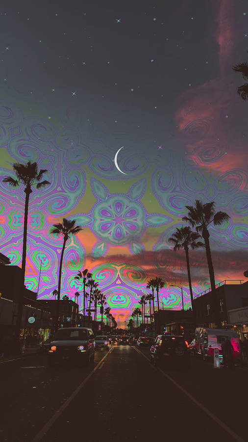 Download Trippy Dope Palm Trees And Sky Art Wallpaper | Wallpapers.com