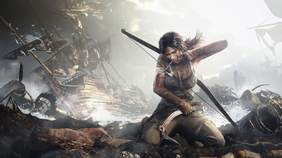 1920x1080Hintergrundbild von Rise Of The Tomb Raider, auf dem Lara Croft Erste Hilfe leistet.