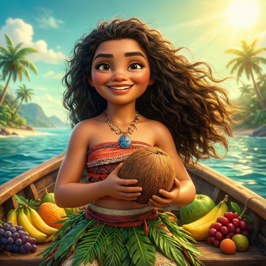 Moana med kokosnød på båd