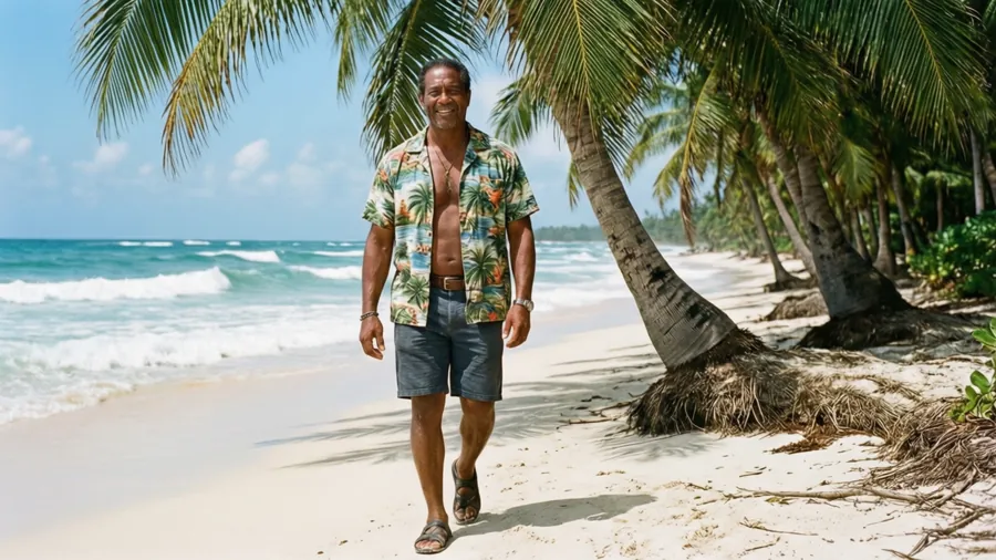 Wakka njuter av en tropisk strand i avslappnad klädsel.