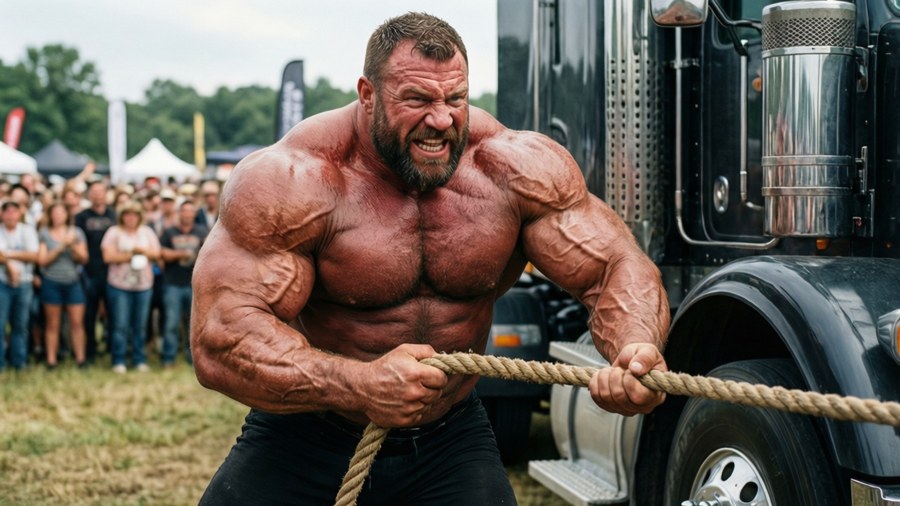 Strongman drar tung lastbil i tävling, extrem styrka.